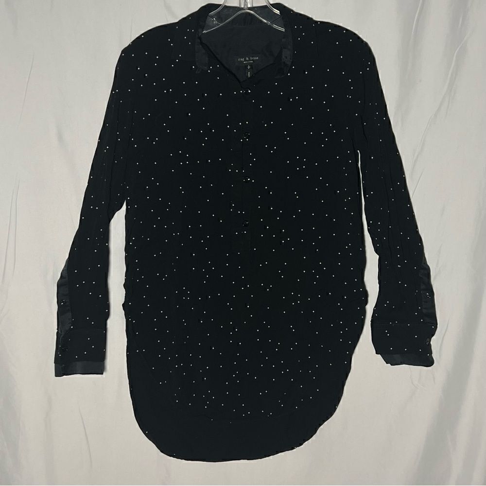 Rag & Bone Silk Quarter Button Down Long Sleeve Black Star Print Dress Shirt S